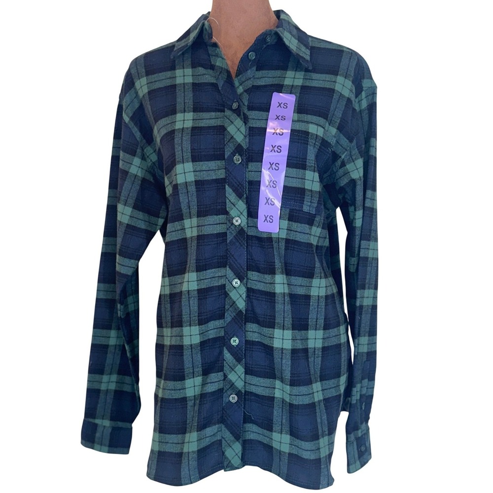 Lands' End Flannel Shirt Women's XS Blue Green Plaid Button Front NWT Top Blouse